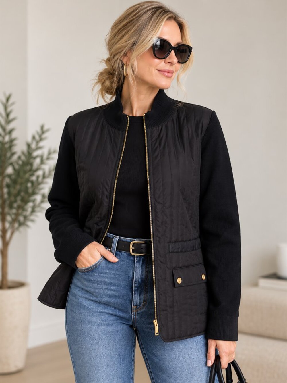 Jones New York Signature Women’s Jacket M Black Cotton Blend Gold Zip Quilted